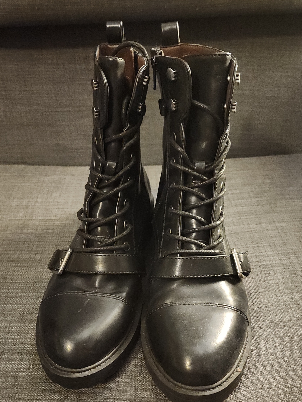 White Mountain Black Lace-Up Combat Boots with Buckle Strap